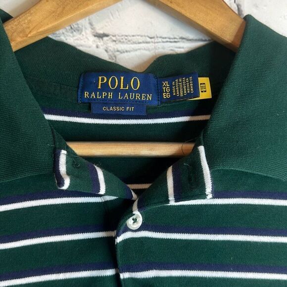 Polo Ralph Lauren Mens Classic Fit Green Blue Striped Polo Shirt Short Sleeve XL - Picture 5 of 10